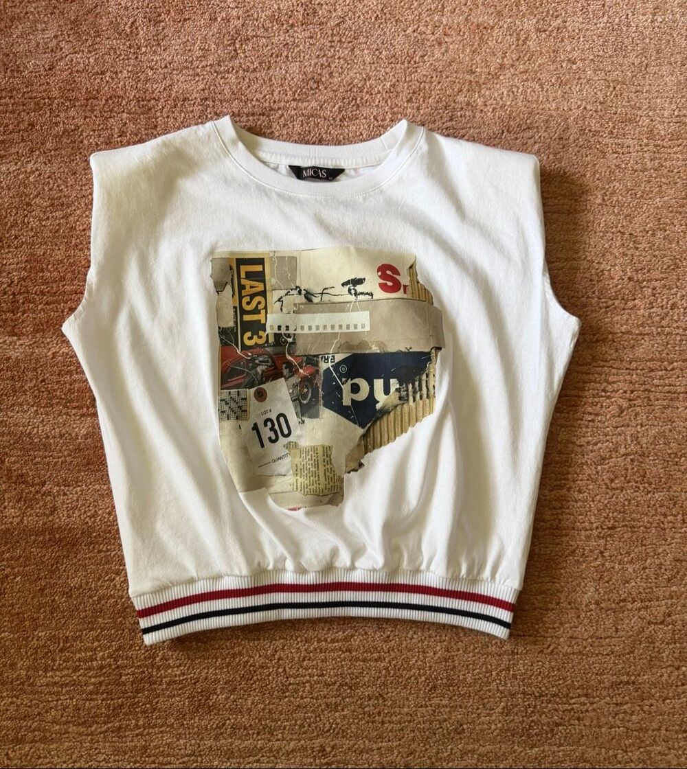Micas White Sleeveless Graphic Cotton Top XS Striped Ribbed Hem